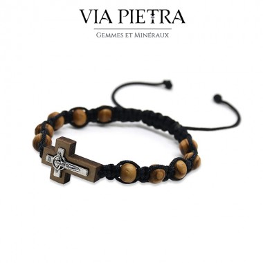 Bracelet réglable en cordon et perles de bois avec crucifix, bracelet rosaire en bois et croix