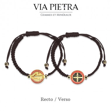 Bracelet réglable cordon noir, médaille doré saint benoit, bracelet bijou chrétien catholique